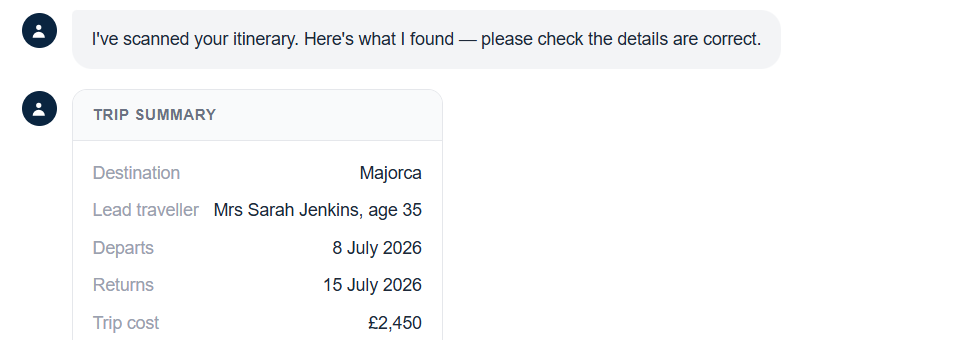 AI chat showing extracted trip summary: Majorca, Mrs Sarah Jenkins, 8–15 July 2026, £2,450